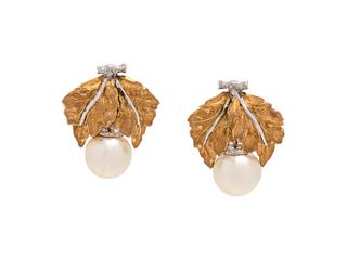 BUCCELLATI, BICOLOR GOLD AND CULTURED PEARL LEAF MOTIF EARCLIPS