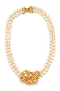 YELLOW GOLD, DIAMOND AND CULTURED PEARL NECKLACE