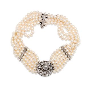 CULTURED PEARL AND DIAMOND CHOKER NECKLACE