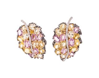 MULTICOLOR SAPPHIRE AND DIAMOND LEAF EARCLIPS