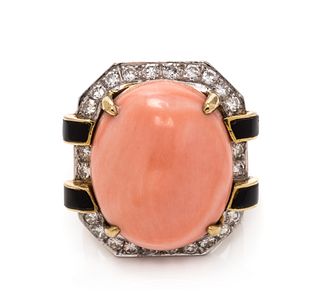 CORAL, DIAMOND AND ONYX RING
