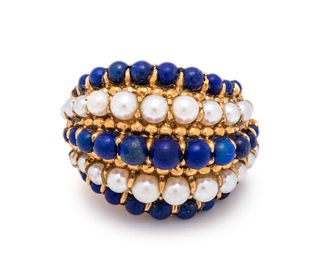 VAN CLEEF & ARPELS, LAPIS LAZULI AND CULTURED PEARL BOMBE RING 