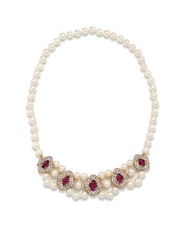 RUBY, DIAMOND AND CULTURED PEARL NECKLACE