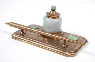 Old Chinese Jade Gilt Engraved Pen & Ink Stand