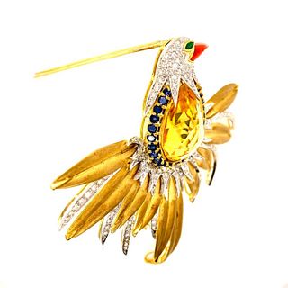 Colorful Diamond Gemstone Bird Brooch 18k Gold