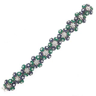 French 1950's Diamond Sapphire Emerald Bracelet