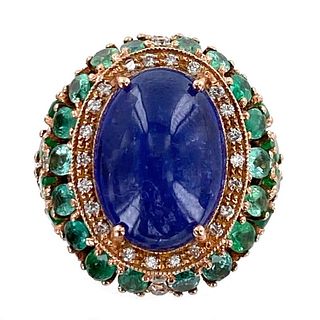 European Tanzanite Diamond Emerald Rose Gold Ring