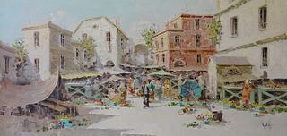 LARGE, Artist Unknown Oil Village Market Scene
