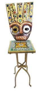 Tile And Brass Table & Inlaid Tribal Mask