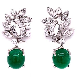 Diamond Cabochon Emerald Drop White Gold Earrings