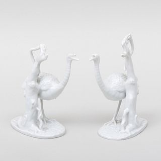 Pair of Continental White Glazed Porcelain Models of Emus