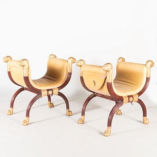 Pair of Regency Style Mahogany and Parcel-Gilt Stools, After a Design by Thomas Hope
