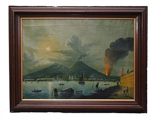 Naples Harbor and Mt Vesuvius - oil on canvas