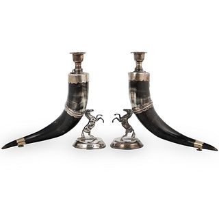 Pair Of 800 Silver Mounted Horn Candle Holder