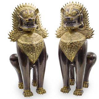 Pair Of Oriental Patinated Bronze Foo Dogs