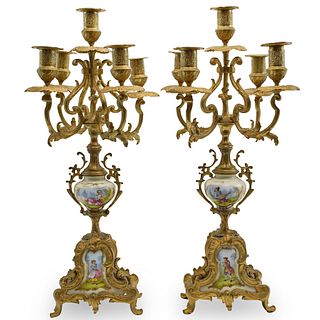 Pair Of Gilded Bronze and Porcelain Candelabras