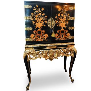 English Wooden Inlay and Lacquer Wood Cabinet