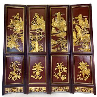 Chinese Red Lacquered Gilt Painted Screen