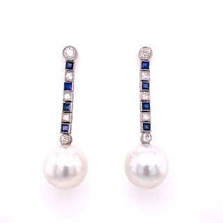 Platinum Diamonds Sapphires Pearls Earrings