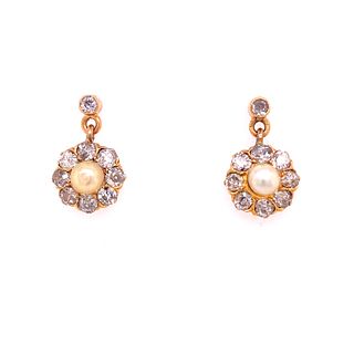 Art Nouveau 18k Gold Diamonds Pearls Rosetta Earrings