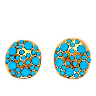 18k Gold Oval Earrings Cluster Turquoise 