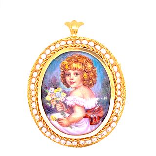 Victorian Enamel Girl Portrait Pearl 18k Gold Pendant Brooch