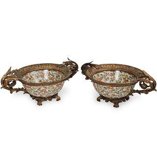 Pair of Large Porcelain and Bronze Jardinieres
