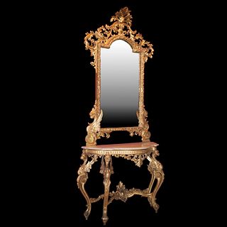 Antique Gilded Wood & Marble Console Mirror