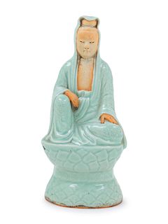 A Longquan Glazed Biscuit Figure of GuanyinHeight 12 in., 30 cm.
