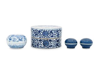 A Group of Four Blue and White Porcelain Covered Ink Paste Boxes
Diam of largest 3 7/8 in., 9.8 cm.