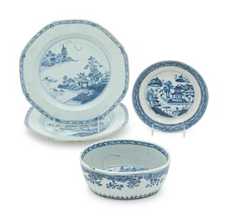 A Group of Four Chinese Export Blue and White 'Landscape' Porcelain Articles
Diam of largest 9 in., 22.9 cm.