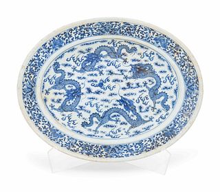 A Blue and White Porcelain 'Dragon' PlateLength 14 3/4 in., 37.5 cm.