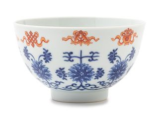 An Iron Red Decorated Blue and White Porcelain 'Bajixiang' Bowl
Diam 4 in., 10.2 cm.
