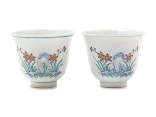 A Pair of Doucai Porcelain 'Floral' CupsHeight of each 2 1/8 x diam 2 3/8 in., 5.4 x 6 cm.