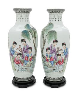 A Pair of Famille Rose Porcelain VasesHeight 9 in., 22.9 cm.