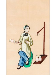 A Set of Seven Chinese Export Pith Paintings 
Largest image (visible): 7 1/4 x 11 1/2 in., 18.4 x 29.2 cm.