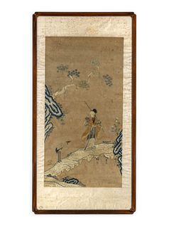A Chinese Embroidered Silk PanelHeight 36 x width 18 3/4 inches.