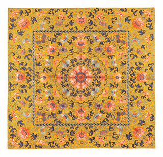 Two Yellow Ground Embroidered Silk Kang Cushion CoversHeight of larger 30 x 43 1/2 in., 76.2 x 110.5 cm.
