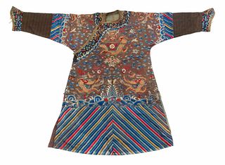 A Brown Ground Embroidered Silk Dragon Robe
Collar to hem: 52 in., 132 cm.