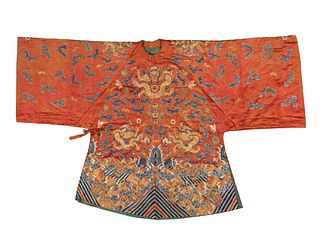 A Apricot Ground Embroidered Silk 'Dragon' Robe, JifuLength 41 in., 104 cm.