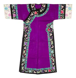 A Purple Ground Embroidered Silk Manchu Lady's Informal RobeLength 56 in., 142 cm.
