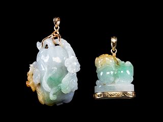 Two 14K Yellow Gold Mounted Apple Green, Russet and White Jadeite PendantsLength of larger 1 3/4 in., 4.4 cm. 
