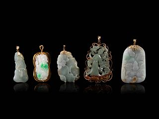Five Chinese Jadeite Pendants
Height of largest 3 1/8 in., 7.93 cm.