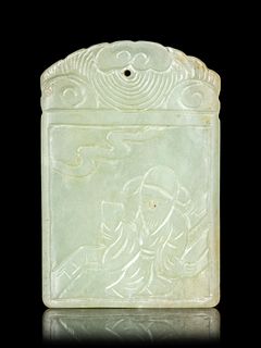 A Celadon Jade PendantLength 2 x width 1 1/4 in., 5 cm x 3 cm.