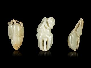 Three Chinese Jade Carvings of FruitsLength of largest 2 1/2 in., 6.35 cm.
