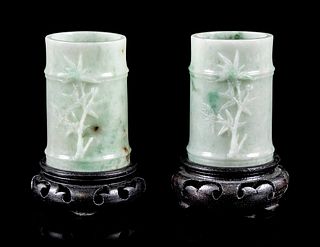 A Pair of Jadeite 'Bamboo' Wine Cups Height 3 in., 7.7 cm.
