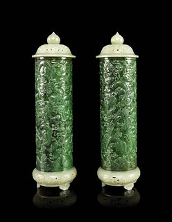 A Pair of Spinach Jade Parfumiers and Carved Celadon Jade Covers Height of each overall 13 1/2 in., 34.3 cm.
