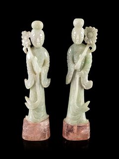 A Pair of Pale Celadon Jadeite Figures of Female ImmortalsHeight 9 1/2 in., 24.1 cm.