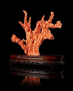 A Large Red Coral Figural Group of Female Immortals
Length 11 x height 10 1/4 in., 28 x 26 cm. 