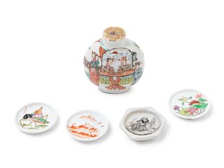 A Chinese Famille Rose Porcelain Snuff Bottle and Four Snuff Dishes
Height of largest 2 3/4 in., 7 cm.